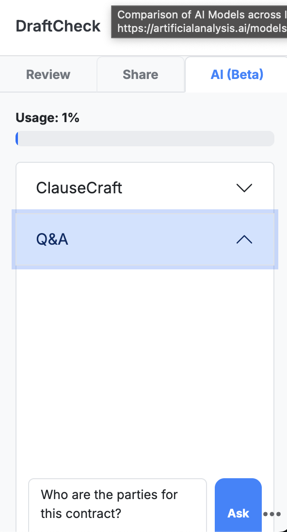 DraftCheck AI Q&A interface in Microsoft Word